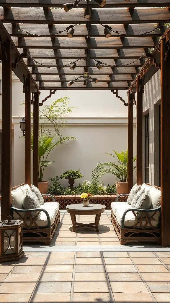 Cozy courtyard seating area with wooden pergola, comfortable sofas, and plants.