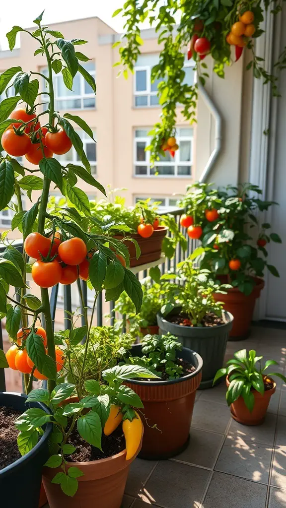 A small balcony garden featuring vibrant tomato and pepper plants in pots.