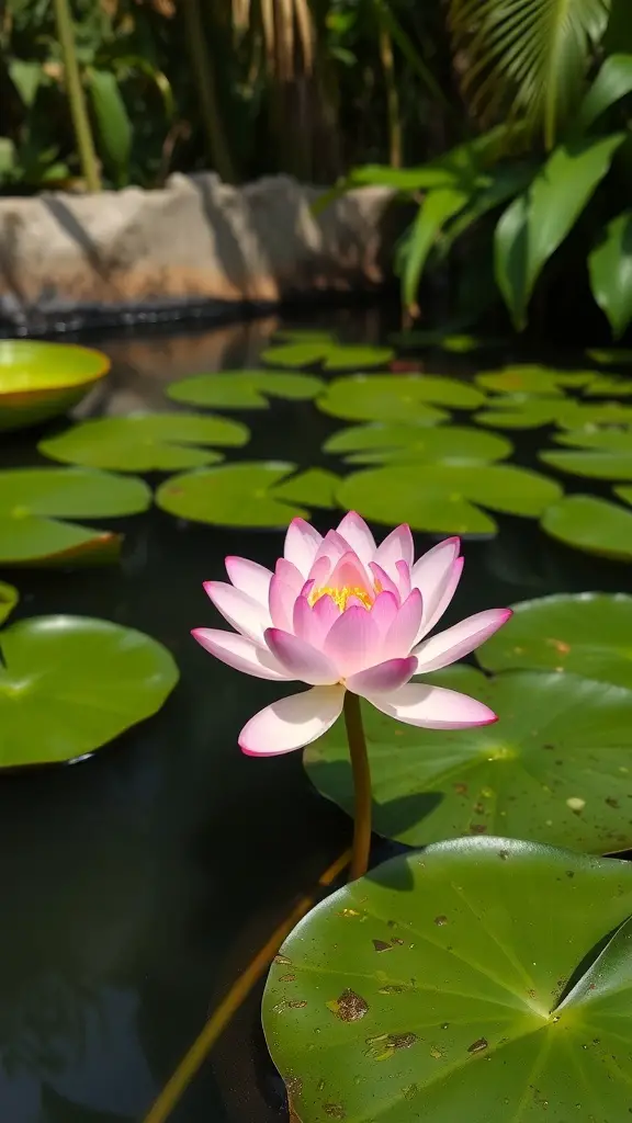 A beautiful pink lotus flower blooming in a pond surrounded by green lily pads.