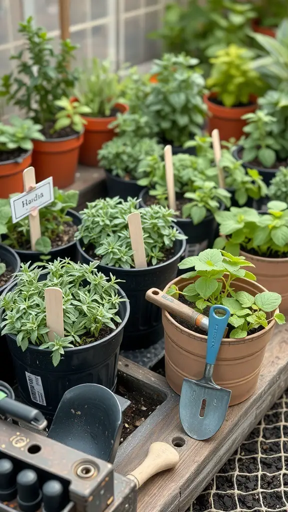 A variety of herbs in pots, labeled for easy identification, with gardening tools nearby.