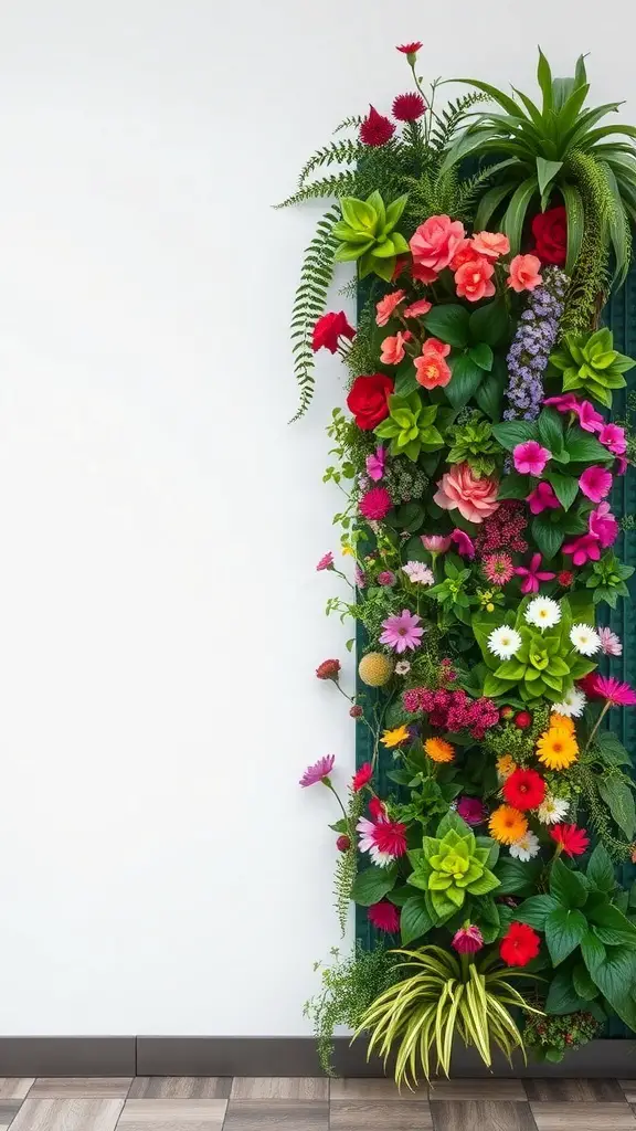 A colorful vertical garden featuring various flowers and greenery against a white wall.