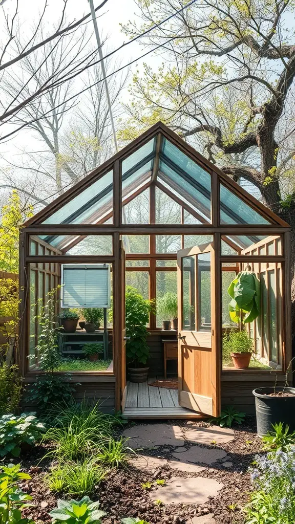 A wooden greenhouse with glass panels surrounded by greenery.