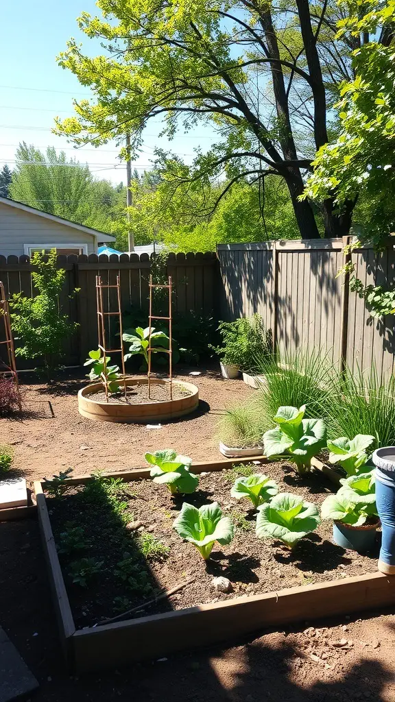 A sunny vegetable garden with raised beds and various plants, surrounded by trees.