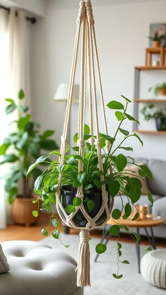 A macramé plant hanger with a green plant in a black pot, hanging in a bright room.