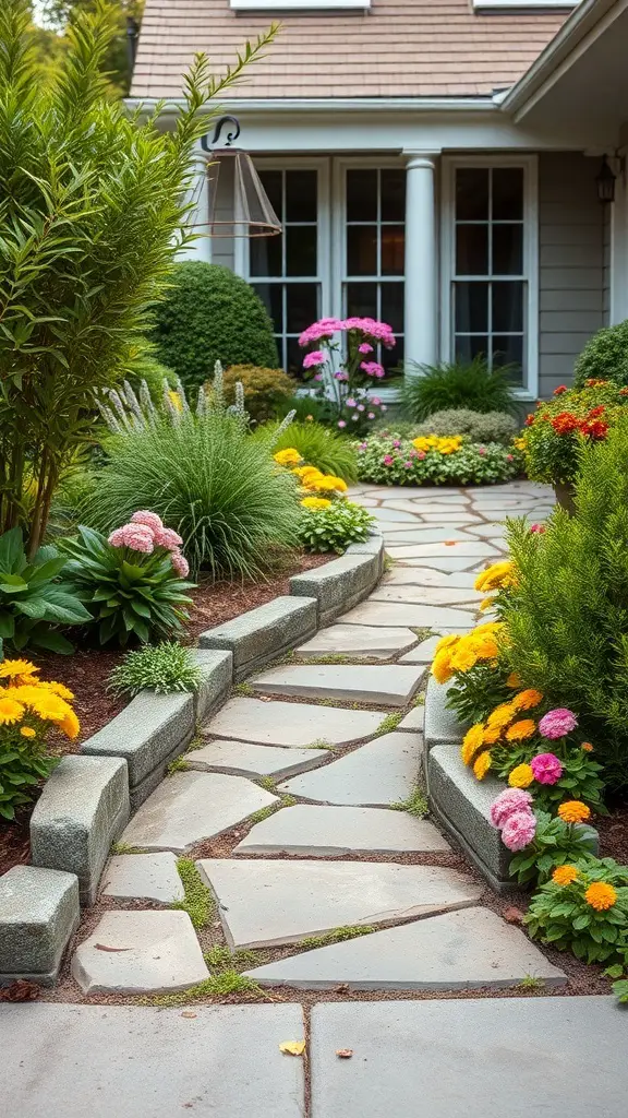 A stone pathway winding through a colorful garden with flowers and greenery.