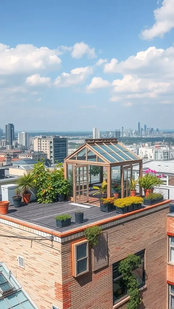 A rooftop greenhouse with a wooden frame and glass panels, surrounded by potted plants, overlooking a city skyline.