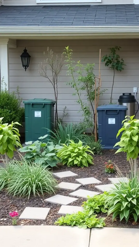 A front garden featuring native plants, compost bins, and a stone pathway.