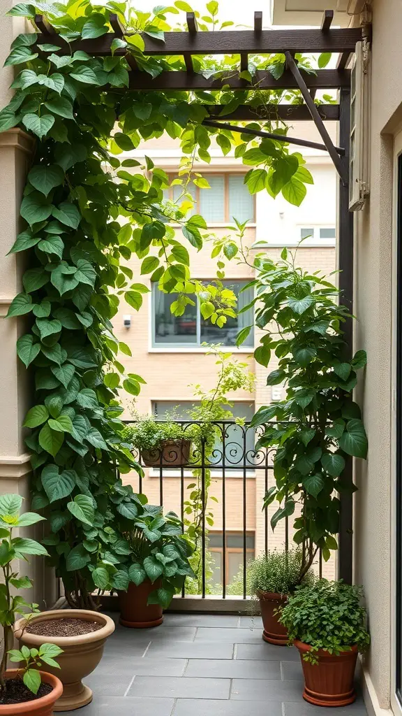 A small balcony with climbing plants on a wooden pergola, creating a privacy screen.