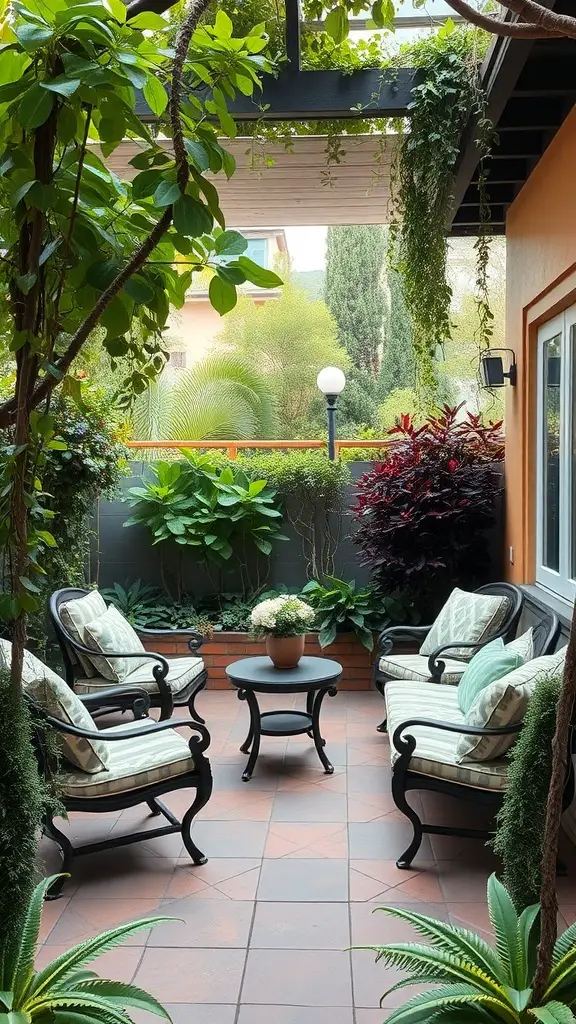 Cozy outdoor living space with comfortable chairs, a small table, and lush greenery.