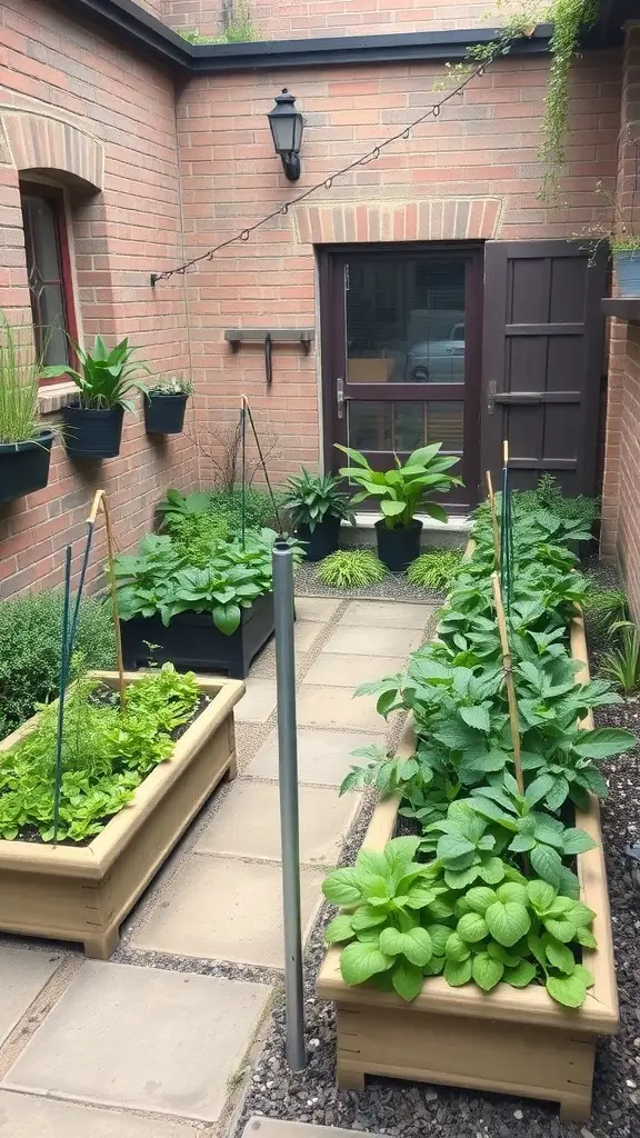 A small courtyard garden featuring raised wooden planters with various herbs and vegetables, surrounded by brick walls.