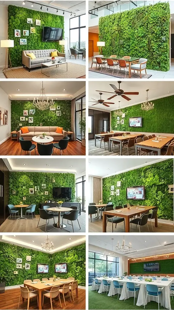 Collage of artificial grass walls in various indoor settings, showcasing their creative use in homes and offices.