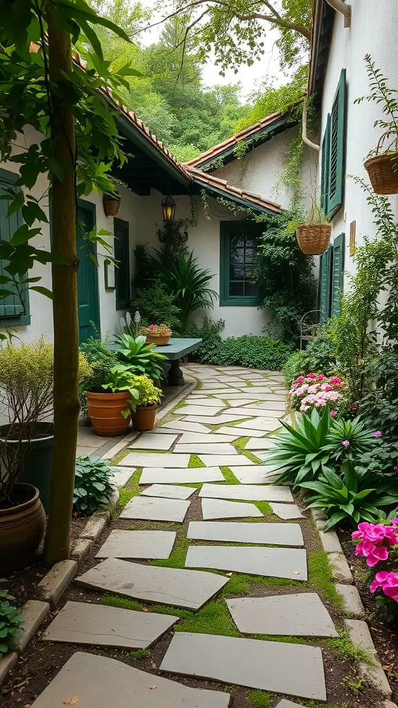 A small courtyard garden with a stone pathway surrounded by lush greenery and colorful flowers.