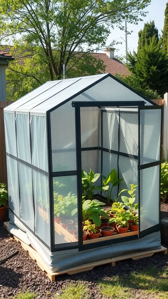 A portable greenhouse with a mesh covering and potted plants inside.