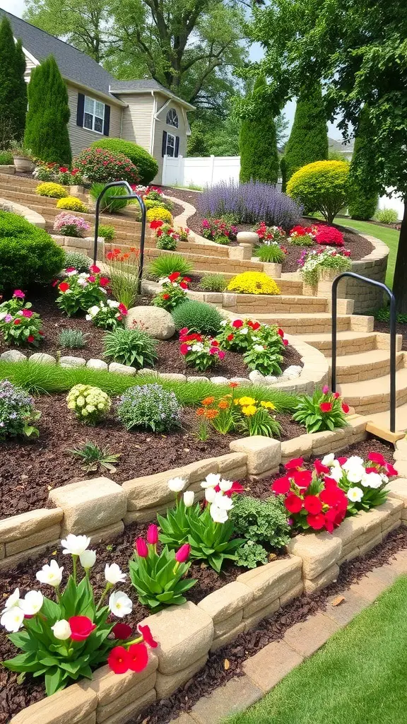 A tiered garden bed on a sloped yard with colorful flowers and stone walls.