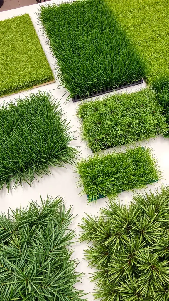 Various samples of artificial grass displayed on a table, showcasing different textures and colors.
