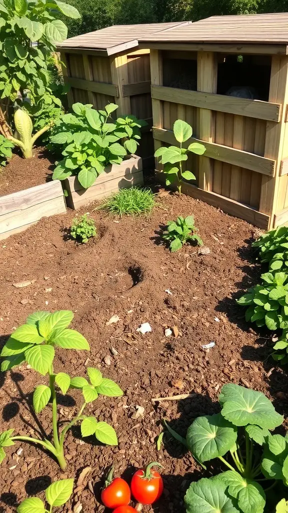 A compost garden bed with a compost bin and various plants including tomatoes and leafy greens.