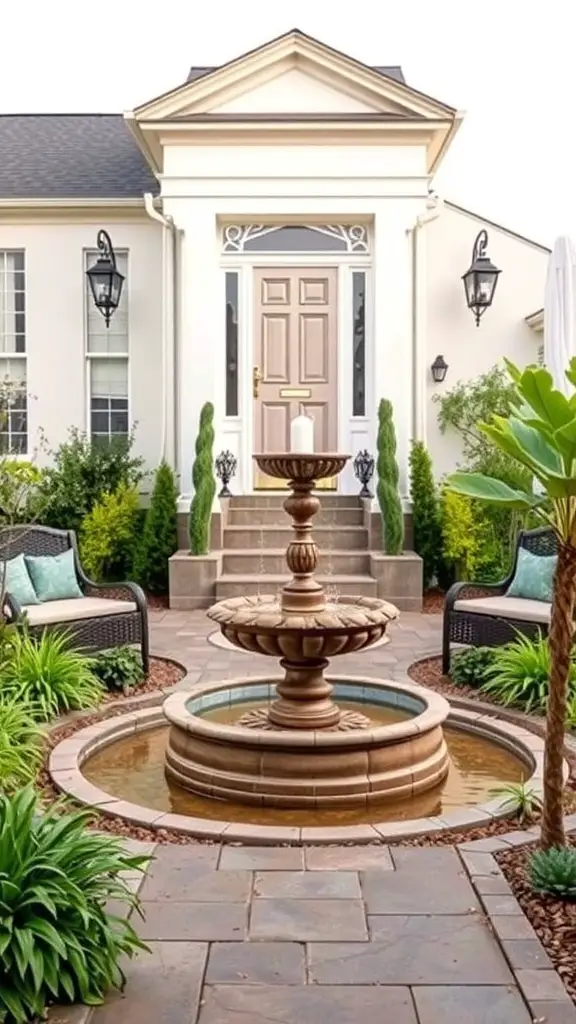 A front garden featuring a decorative fountain surrounded by greenery and seating.