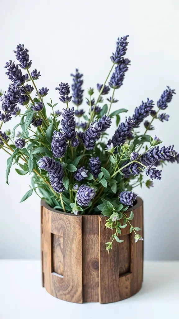 A bouquet of lavender and eucalyptus in a wooden container.