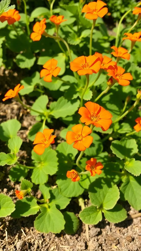 A cluster of bright orange nasturtium flowers surrounded by green leaves.
