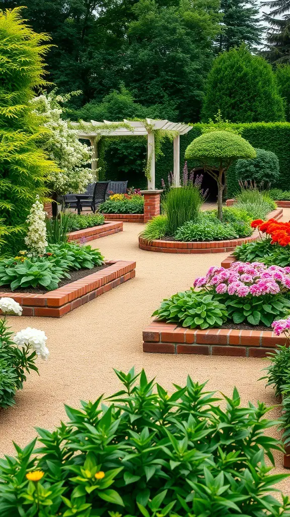 A beautifully landscaped garden with brick borders around flower beds.
