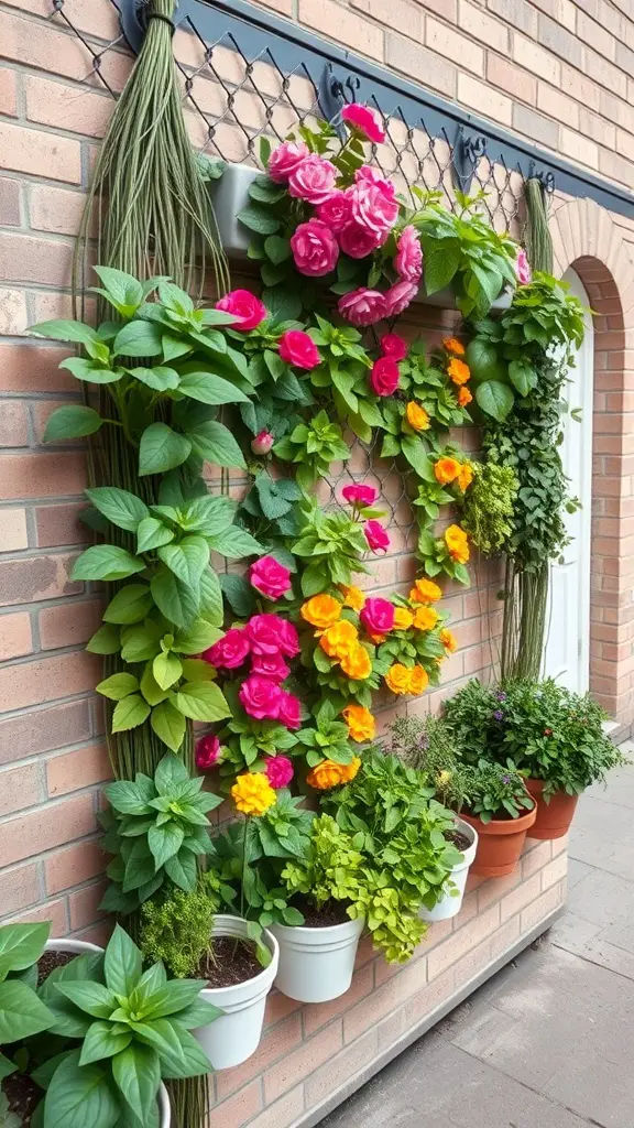 A vibrant vertical garden with pink roses, orange flowers, and various green plants arranged on a wall.