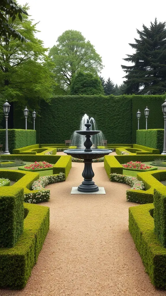 A formal garden featuring a central fountain, trimmed hedges, and colorful flower beds.