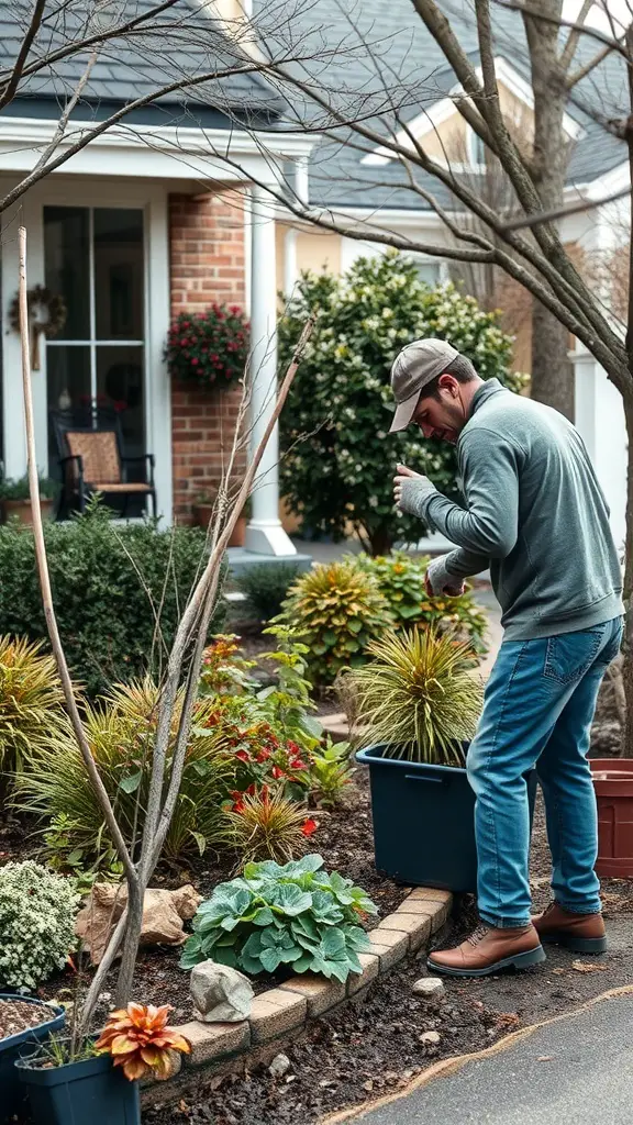 A person working in a front garden, tending to plants and flowers.