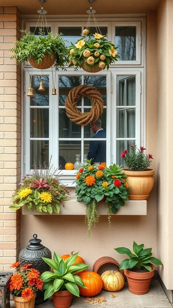 A small balcony garden with hanging plants, colorful flowers, and pumpkins, creating a cozy seasonal display.