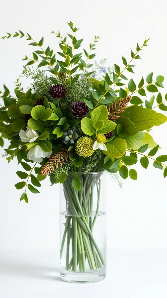 A minimalist bouquet featuring various shades of green foliage in a clear vase.