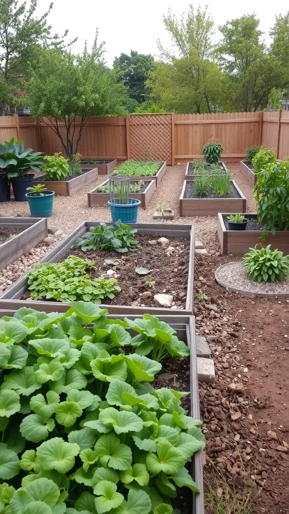 A vegetable garden with raised beds filled with green plants and herbs, surrounded by a wooden fence.