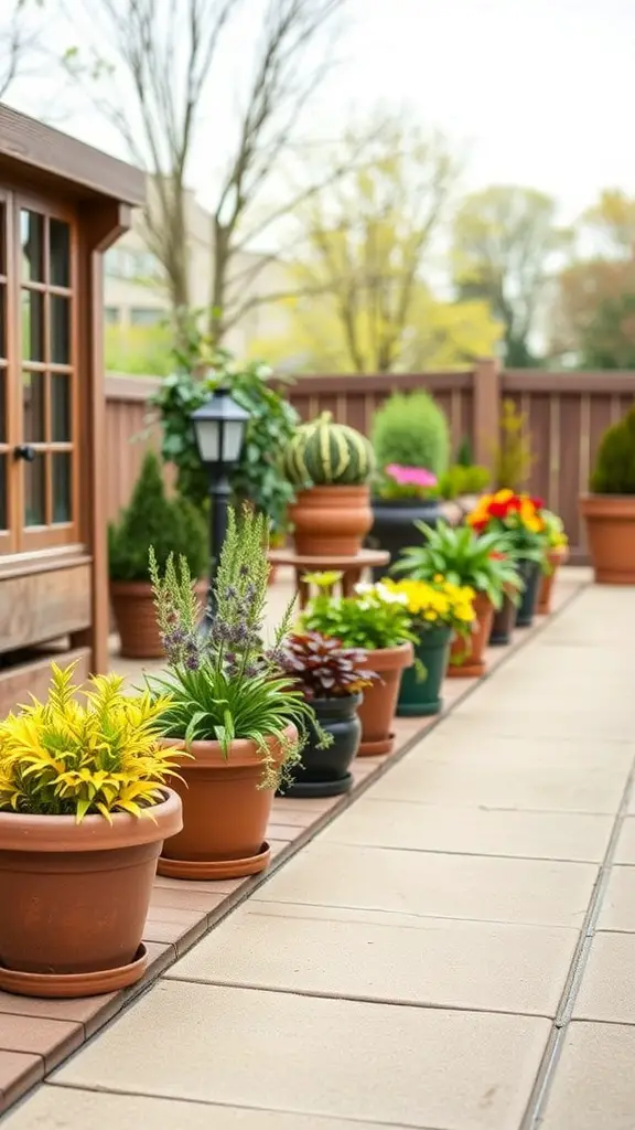 A row of colorful potted plants on a patio, showcasing seasonal container gardening.