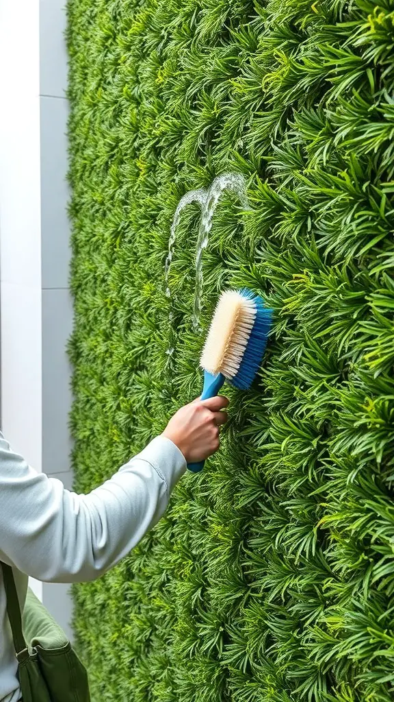 A person cleaning an artificial grass wall with a brush and water.