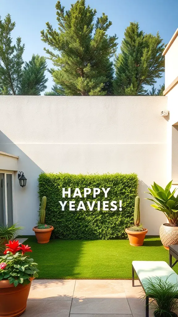 Outdoor space featuring a lush artificial grass wall with pots of flowers and a seating area.