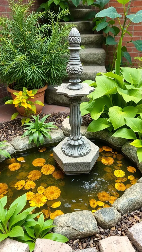 A small garden with a fountain and pond surrounded by lush plants and yellow lily pads.
