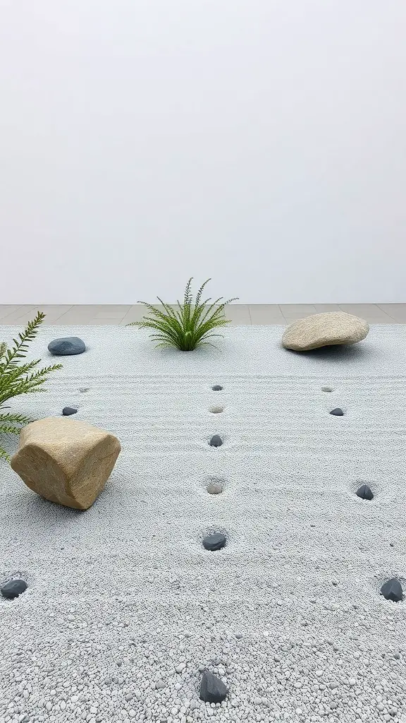 A minimalist Zen rock garden featuring white gravel, scattered stones, and a few green plants.