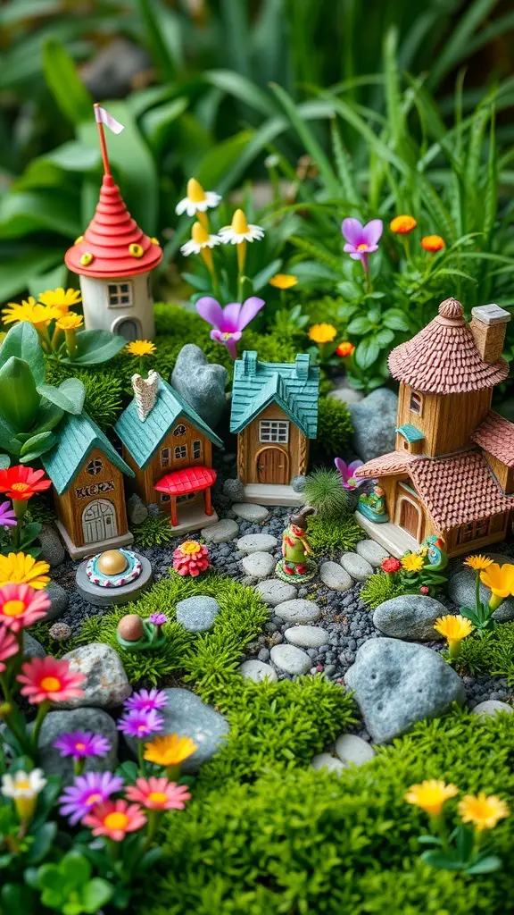A colorful miniature fairy garden with tiny houses, flowers, and stones.