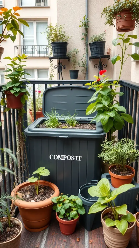 A small balcony garden featuring a compost bin surrounded by various potted plants.