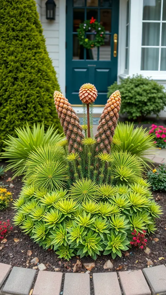 A front garden featuring a central statue surrounded by colorful flowers and greenery.