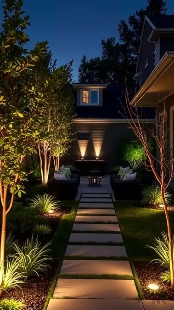 A modern backyard with illuminated pathway and seating area at night.
