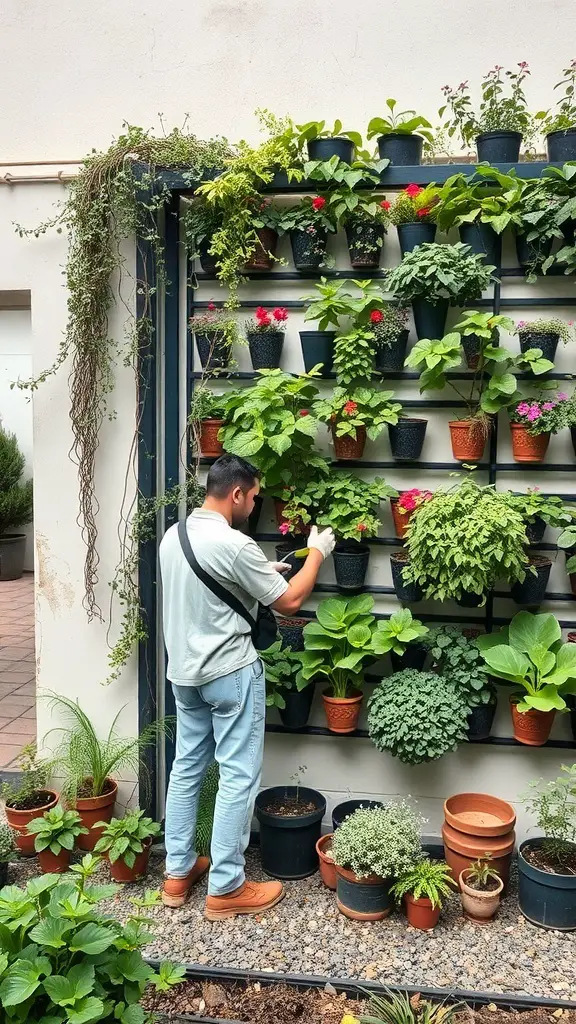 A person tending to a vertical garden filled with various plants in pots.