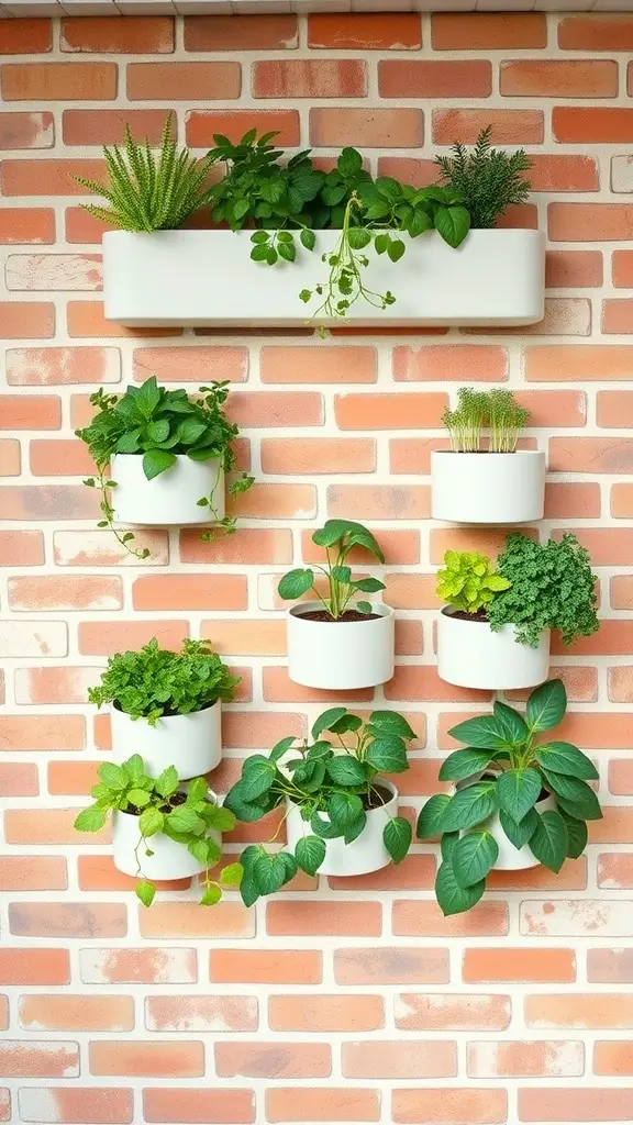 Vertical herb garden with various herbs in white planters on a brick wall.