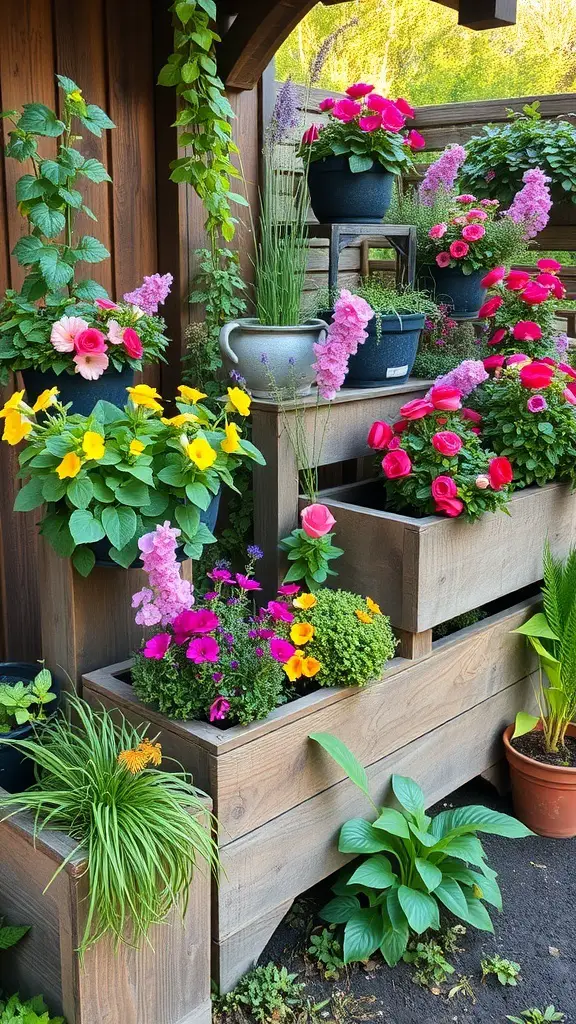 Colorful flowers in rustic wooden planters