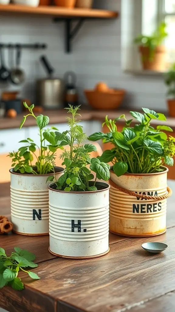 Three vintage tin can planters with herbs on a wooden table in a cozy kitchen.