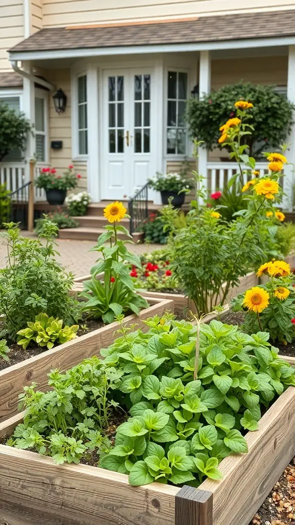 A front garden with raised beds filled with herbs and vegetables, surrounded by colorful flowers.