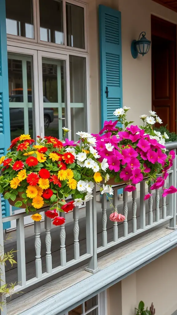 Colorful flowers in rail planters on a balcony railing