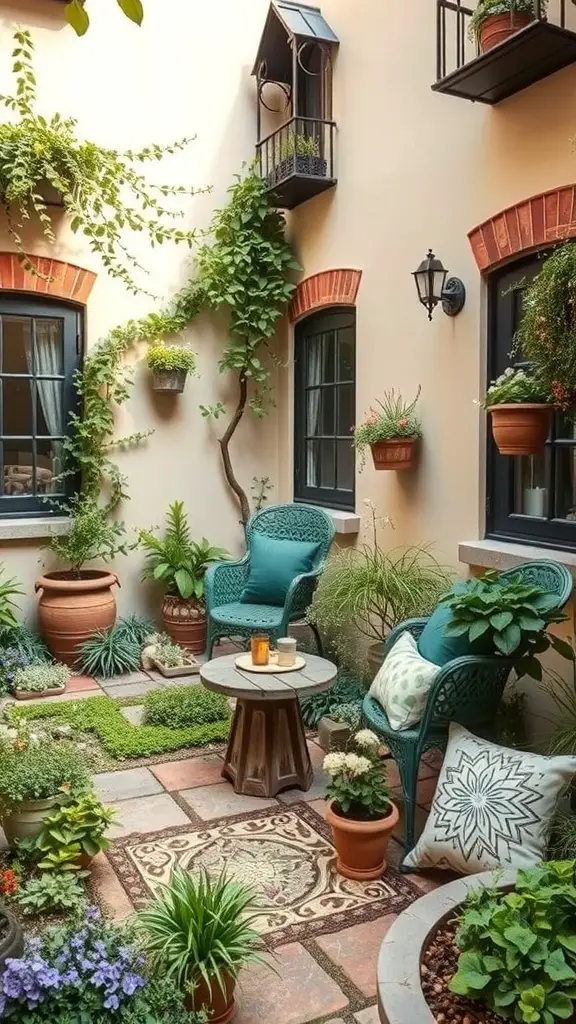 A small courtyard garden featuring various artistic ornaments, including statues, planters, and hanging plants.