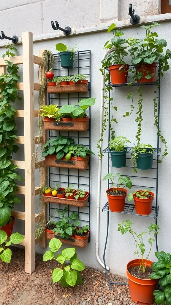 Vertical gardening setup with wall-mounted racks and a wooden trellis, displaying various plants.