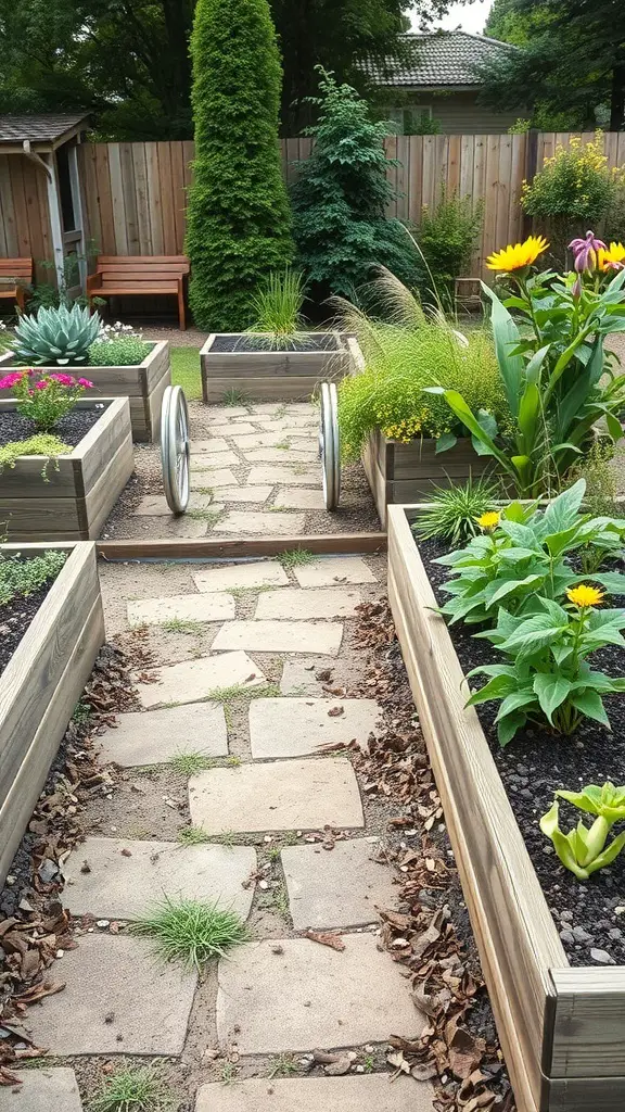 A garden with raised beds and a stone pathway, featuring colorful flowers and greenery.