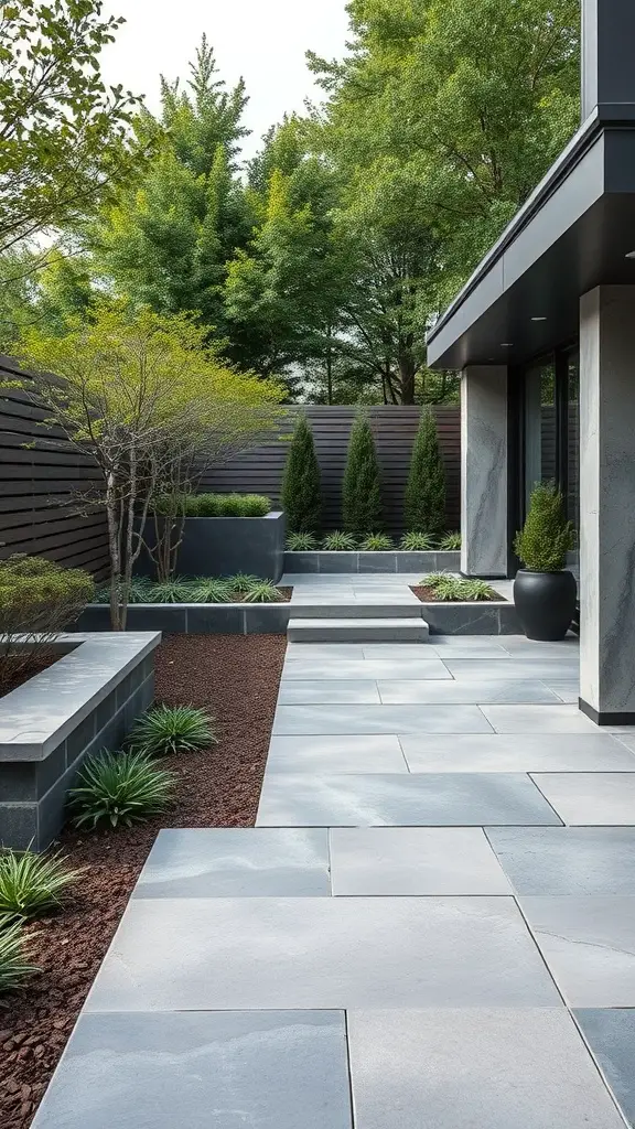 Modern backyard landscaping featuring a stone pathway, low walls, and greenery.