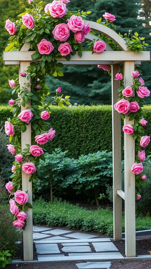 Wooden trellis decorated with pink roses in a garden